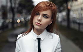 White shirt girl, portrait, bokeh, city, Russia HD wallpaper