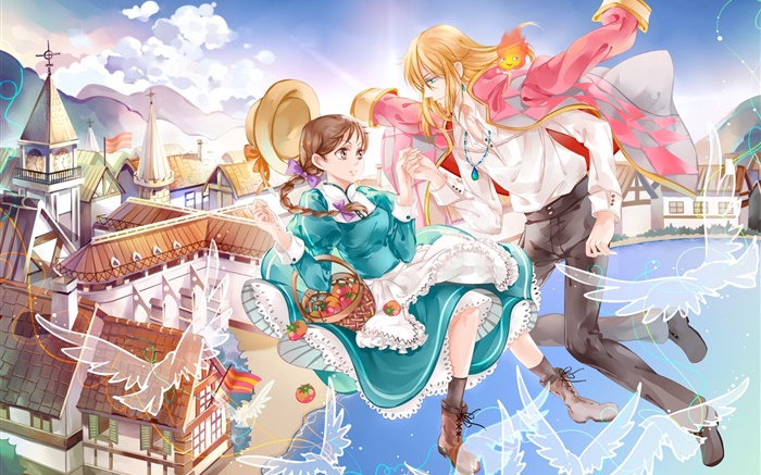 Anime pictures, girl and boy, flying, town, bay, birds Wallpapers Pictures Photos Images