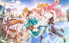 Anime pictures, girl and boy, flying, town, bay, birds