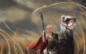 Art pictures, girl and ferret, pet HD wallpaper