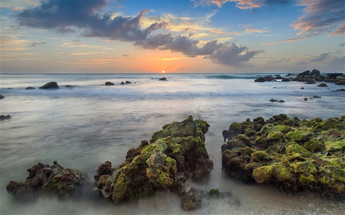 Aruba, Caribbean, Arashi Bay, stones, sea, coast, sunset, clouds Wallpapers Pictures Photos Images