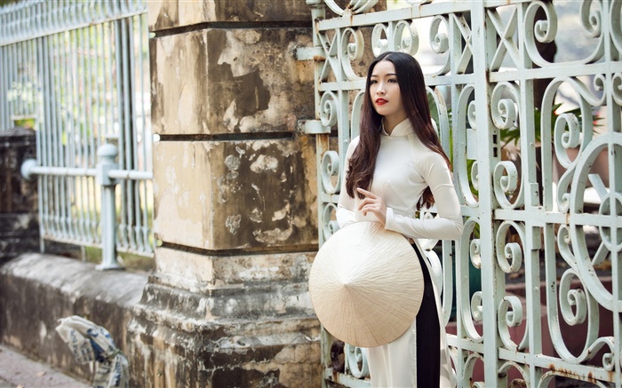 Asian girl, white dress, long hair, fence Wallpapers Pictures Photos Images