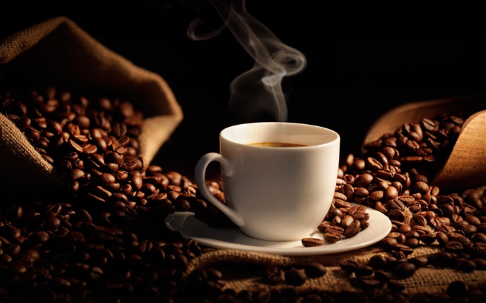 Bag of coffee beans, cup, grain Wallpapers Pictures Photos Images