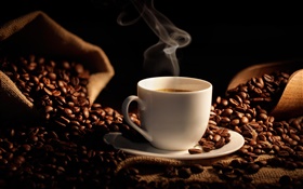 Bag of coffee beans, cup, grain HD wallpaper