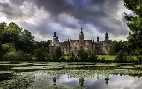 Belgium, Ooidonk Castle, pond, trees, clouds, dusk HD wallpaper