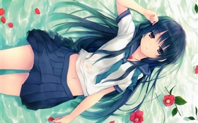 Blue hair anime girl, pose, lying grass, flowers