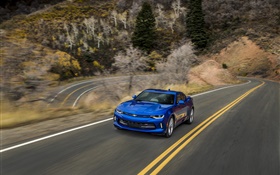 Chevrolet Camaro blue supercar, road, speed HD wallpaper