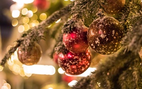 Christmas tree, balls, glare, blur background HD wallpaper