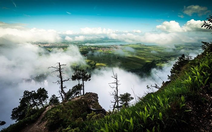 Clouds, mountain top, fields, houses Wallpapers Pictures Photos Images