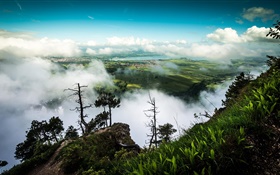 Clouds, mountain top, fields, houses HD wallpaper
