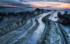 Coast, sunset, sea, shore, rocks, stones HD wallpaper