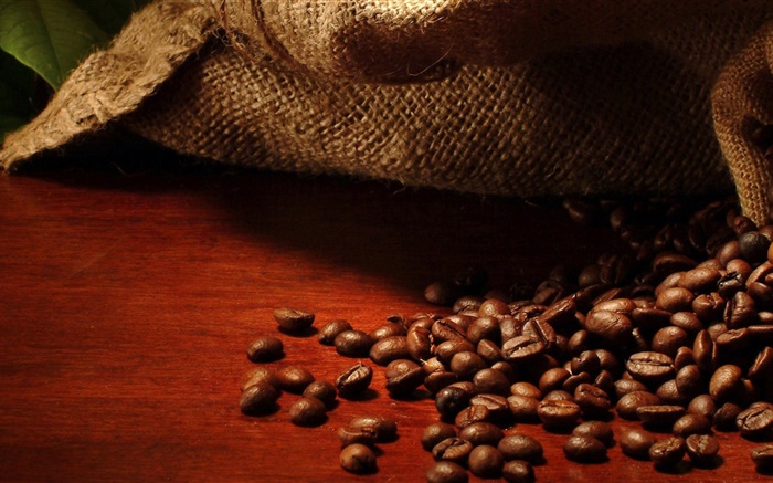 Coffee beans, bag, leaves Wallpapers Pictures Photos Images