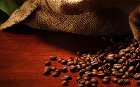 Coffee beans, bag, leaves HD wallpaper