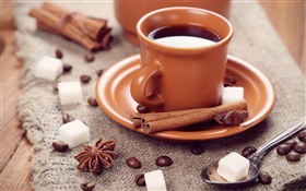 Coffee beans, cup, anise, cinnamon, sugar HD wallpaper