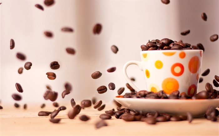 Coffee beans falling down, cup, saucer Wallpapers Pictures Photos Images