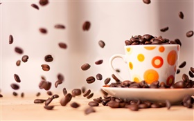 Coffee beans falling down, cup, saucer HD wallpaper