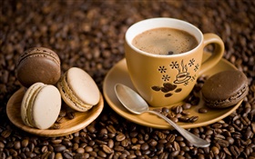 Coffee, cup, yellow color, spoon, saucer, cookies HD wallpaper