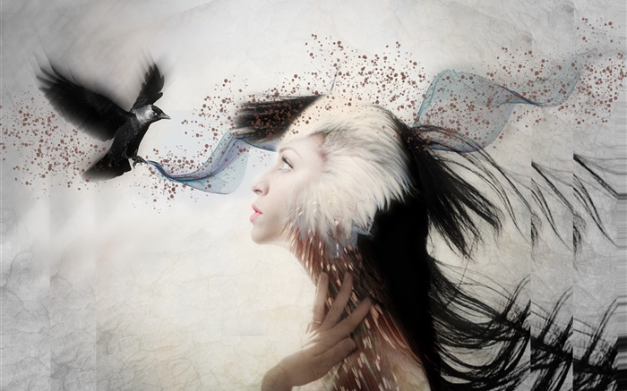 Creative design, girl with bird Wallpapers Pictures Photos Images