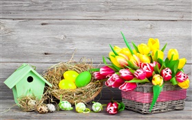 Easter, colorful eggs, tulips flowers HD wallpaper