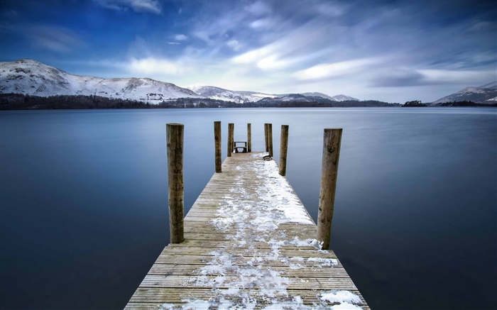 England, Keswick, lake, bridge, dock, mountains, dusk Wallpapers Pictures Photos Images