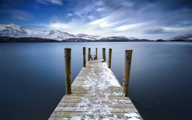 England, Keswick, lake, bridge, dock, mountains, dusk HD wallpaper
