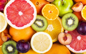 Fresh fruits, berries, oranges, kiwi, grapefruit, apples HD wallpaper