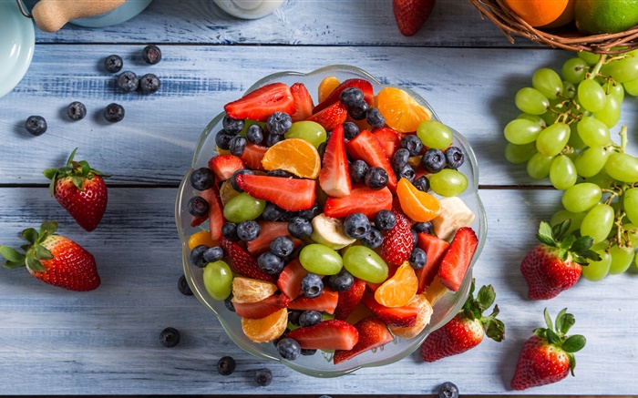 Fruit salad, bowl, grapes, strawberries, blueberries, orange, banana Wallpapers Pictures Photos Images