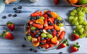 Fruit salad, bowl, grapes, strawberries, blueberries, orange, banana