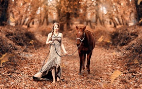 Girl and horse, autumn, yellow leaves HD wallpaper
