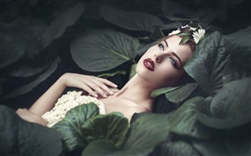 Girl lying, lips, makeup, jewelry