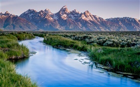 Grand Teton National Park, mountains, lake, river, grass HD wallpaper