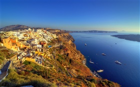 Greece, Santorini, coast, sea, boats, bay, houses