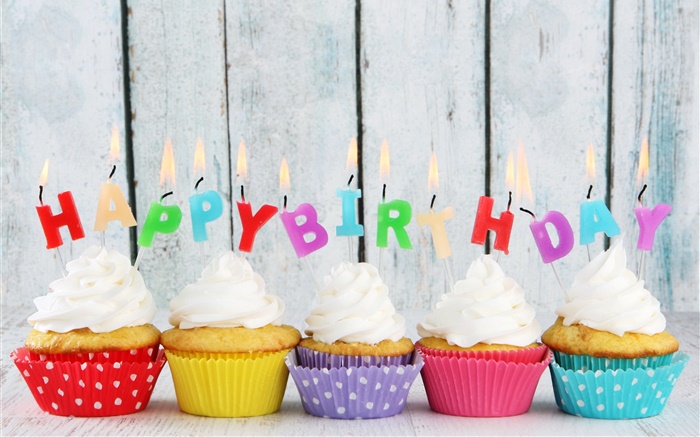 Happy Birthday, five cupcakes, candles, colorful letters, cream cake Wallpapers Pictures Photos Images