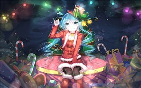 Hatsune Miku, Christmas anime girl, hat, smile, gifts HD wallpaper