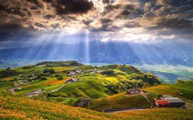 Hills, sky, clouds, sun rays, mountains, houses, trees, people HD wallpaper