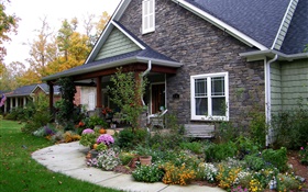 House, mansion, walkway, lawn, flowers, bushes HD wallpaper
