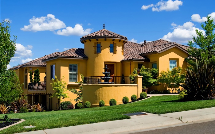 Houses, mansion, lawn, bushes, road Wallpapers Pictures Photos Images