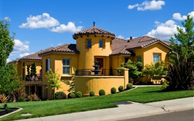 Houses, mansion, lawn, bushes, road HD wallpaper