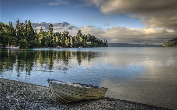 Lake, sky, clouds, mountains, trees, boat, shore Wallpapers Pictures Photos Images