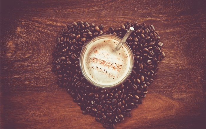 Love heart coffee beans, table, mug, drink Wallpapers Pictures Photos Images