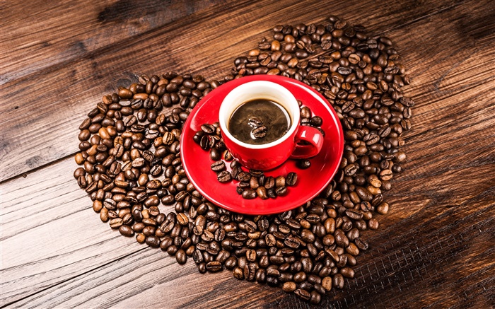 Love hearts coffee beans, grains, red cup, saucer Wallpapers Pictures Photos Images