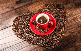 Love hearts coffee beans, grains, red cup, saucer HD wallpaper