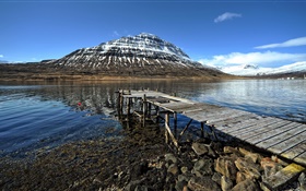 Mountain, lake, wood bridge HD wallpaper