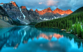 Mountains, lake, sunset, trees, water reflection, pier, clouds
