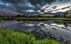 Night, river, clouds, sunset, trees, house