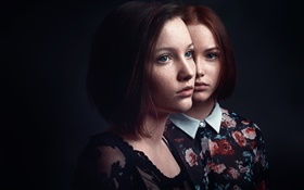 Short hair two girls, freckles, black background HD wallpaper