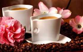 Two cups coffee, aroma, coffee beans, flowers HD wallpaper