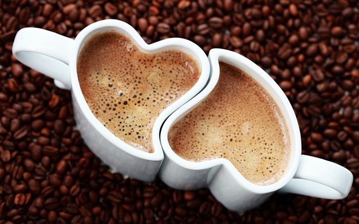 Two cups coffee, love hearts, foam, beverage Wallpapers Pictures Photos Images