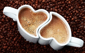 Two cups coffee, love hearts, foam, beverage HD wallpaper