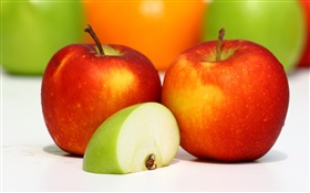 Two red apples, green apple slice, tasty fruit HD wallpaper